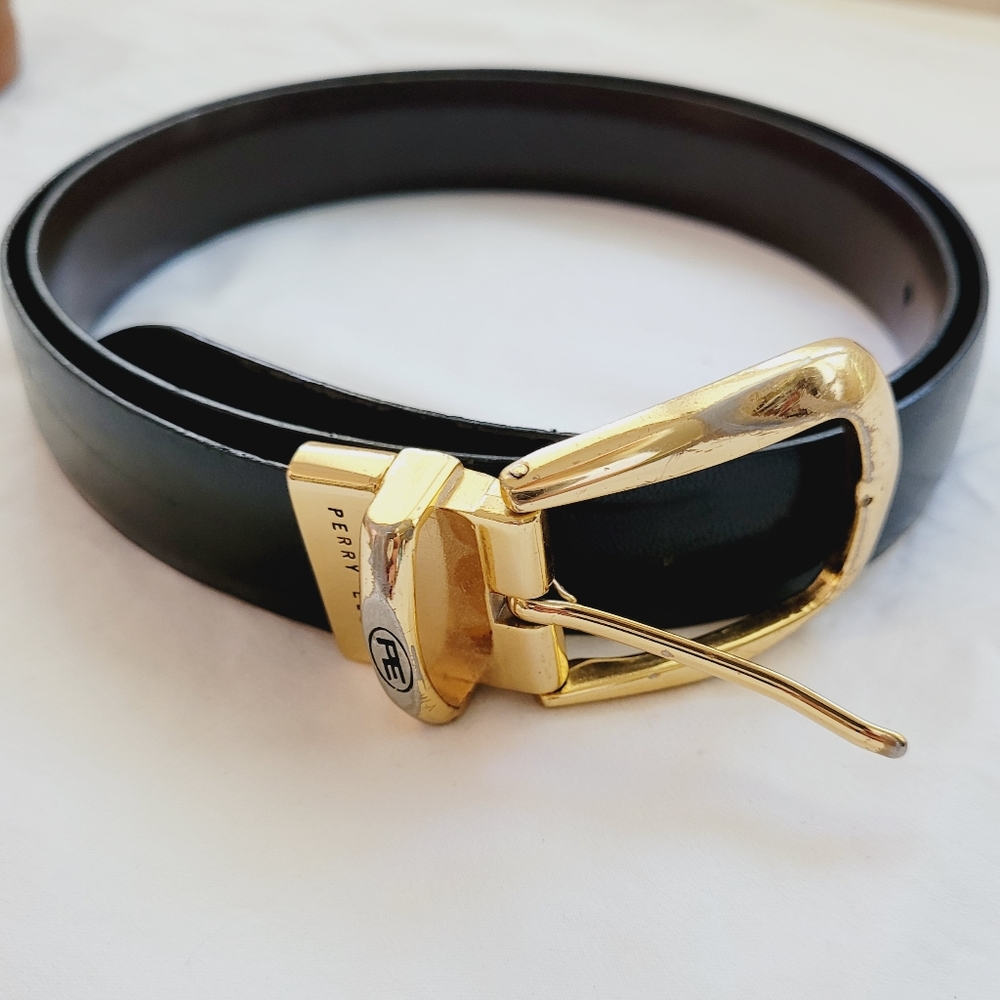 Men's reversible dress belt Perry Ellis black brown leather goldtone buc…